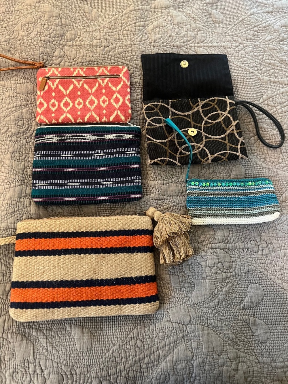 Lot of 5 Fun Small Bags, Zippered or Snap, Crochet, Jute, (J.Jill) Woven Ikat